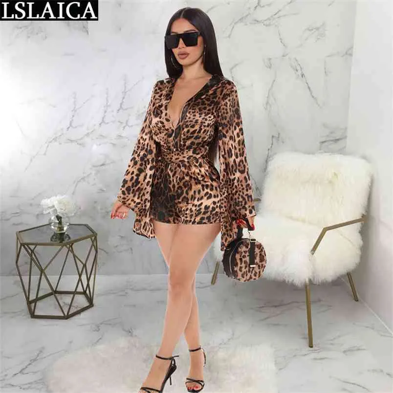 Rompers for Women Casual Leopard Printing Deep V Neck Sexy Clothes Fashion Arrival Long Sleeve Enterizos Para Mujer 210515