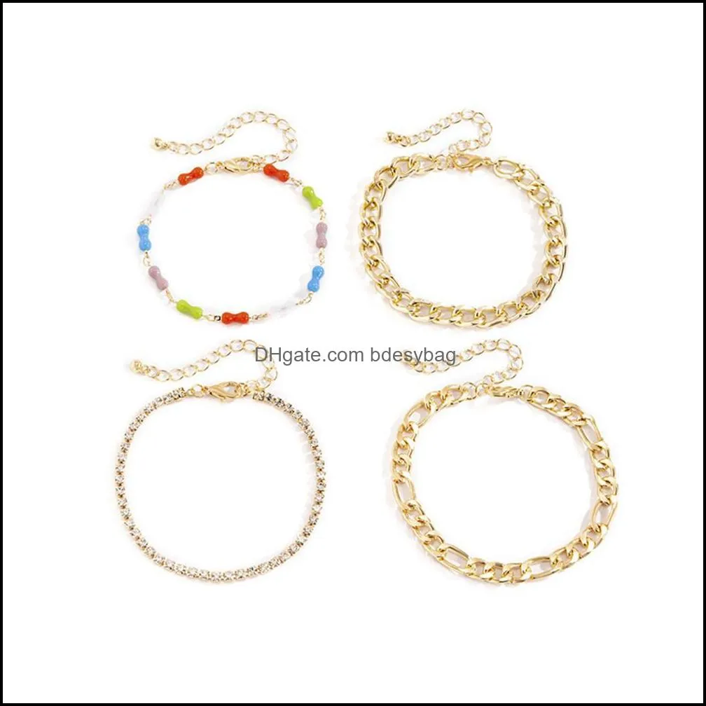 Colorful Acrylic Beaded Chains Bracelets Women Metal Full Diamond Hand Jewelry Sets European Business Party Gold Chain Link Accessories