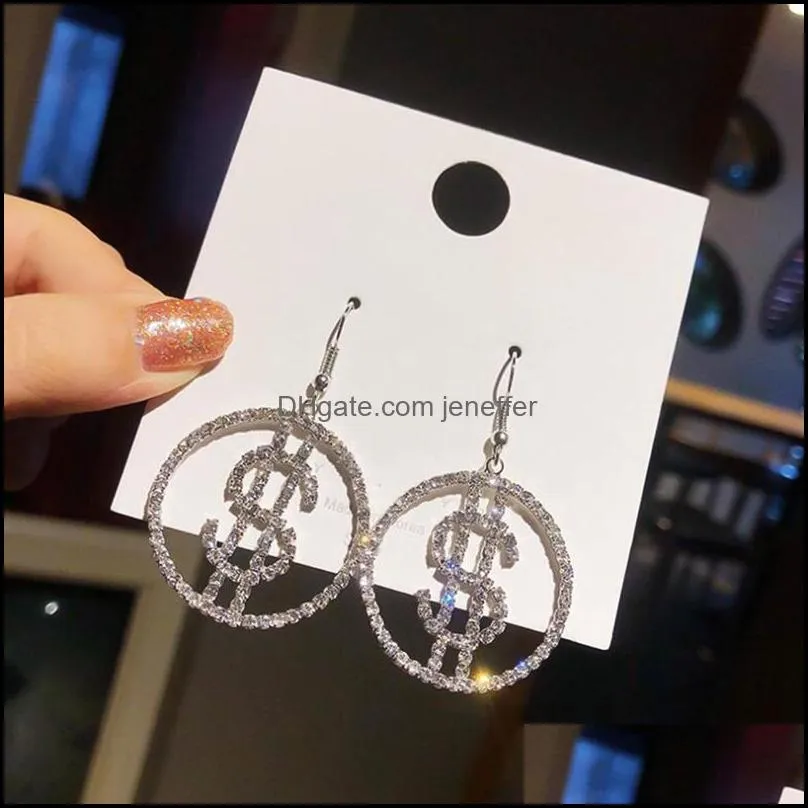 Dangle & Chandelier Shiny Crystal Drop Earrings For Women Luxury Money Sign $ Rhinestone Jewelry Design US Dollar Earring