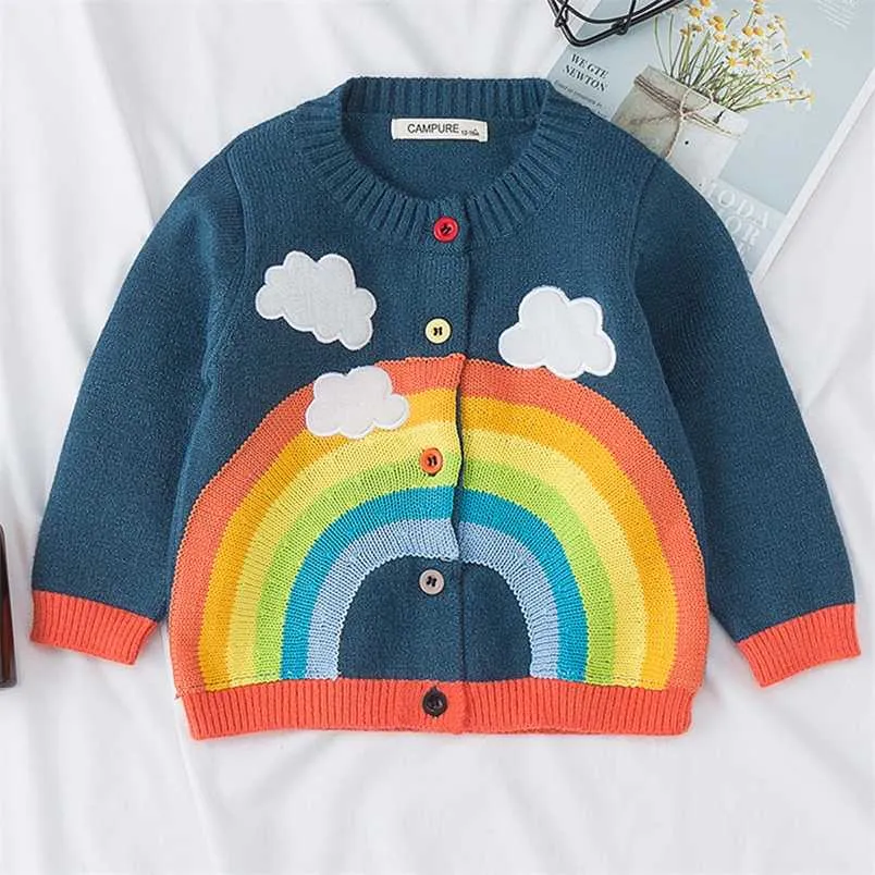 Baby Kids Jacket Barnkläder Stickad tröja Bump Color Round Neck Fall Långärmad Rainbow Cardigan av tjejerna 211011