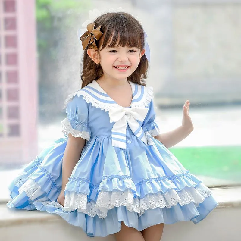 Boutique Summer Barnkläder Baby Girls 'Dress Lolita Navy Style Spanska Princess Layered Party Costume Girl's Dresses