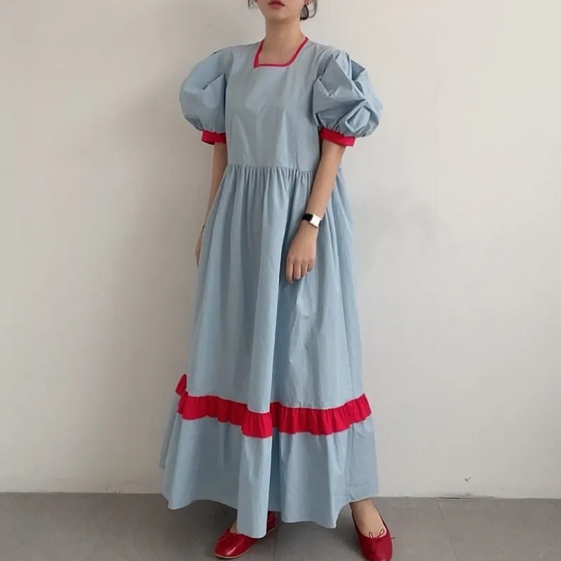 [EWQ] Women Blue Ruffles Patchwork Long Dress New Square Collar Short Lantern Sleeve Loose Fit Fashion Tide Spring Summer 210423