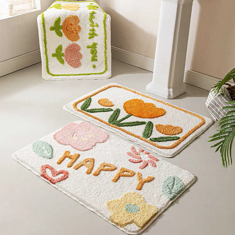 Bathroom Mat Chic Simple Fresh Flora Soft Carpet Super Absorbent Slip-resistant Pad Kitchen Door Floor Mats Artistic Room Decor 210727