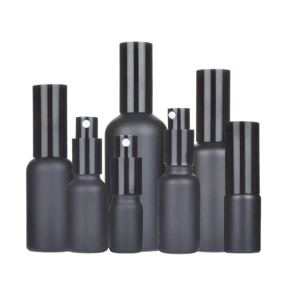2021 Матовый черный стекло Эфирные масла Парфюмерные Упаковки Упаковки с ощупкой точного тумана / насос для лосьона