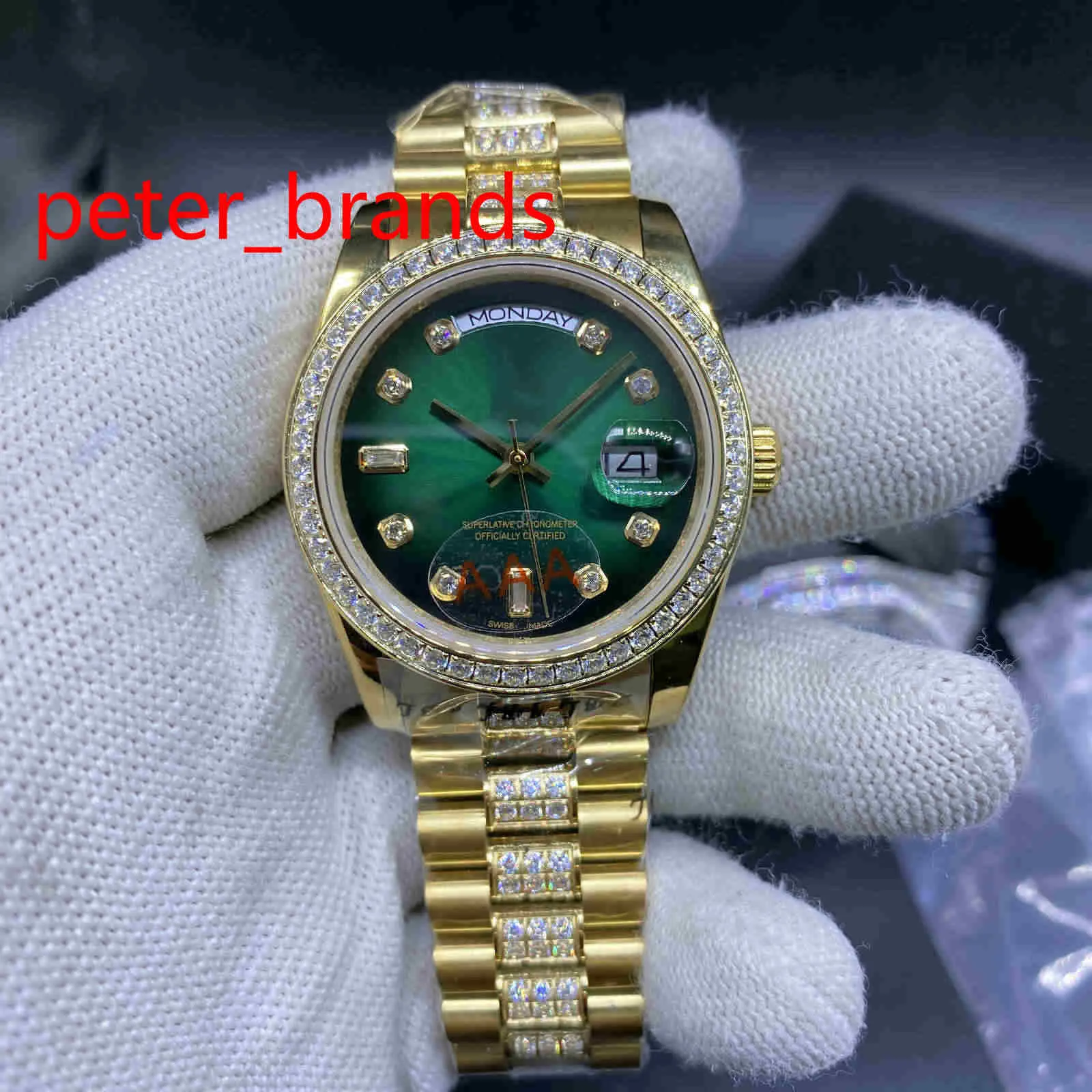 Hoge kwaliteit automatische mannen kijken 36mm gouden case stenen bezel groen gezicht en diamanten in het midden van armband diamant wijzerplaat horloges