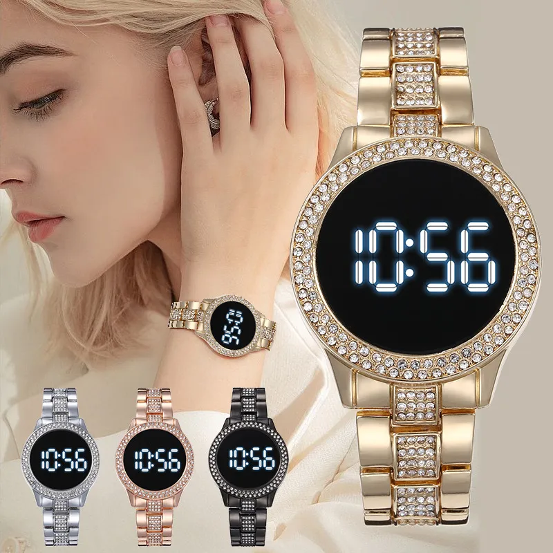 Luxury Ladies Rhinestone LED Digital Watch Enkel Hardex Round Dial Alloy Strap Kvinnor Mode Klockor Armbandsur Le01