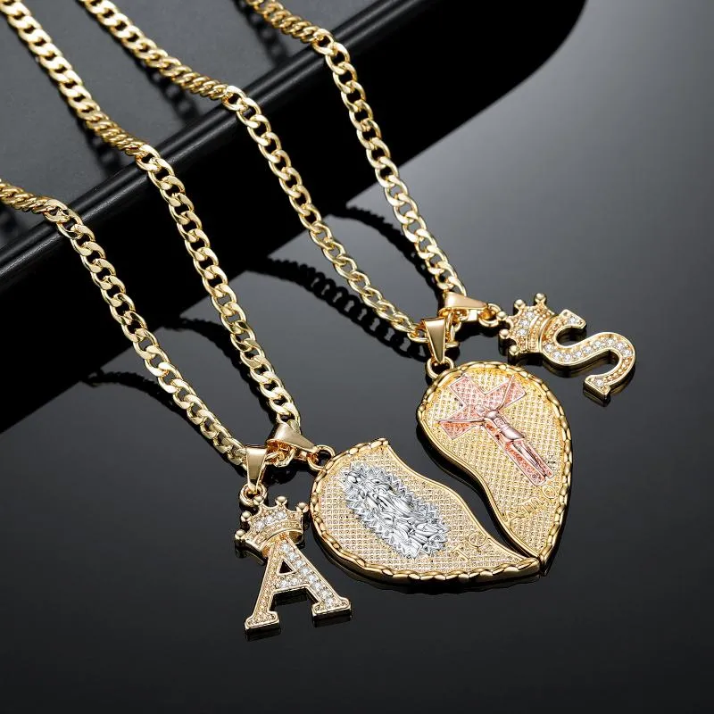 Chains 18k Gold Plated VIRGIN MARY HEART & CHRIST "TE AMO" Split Pendant Necklace With Crown Initial Letters VIRGEN DE GUADALUPE