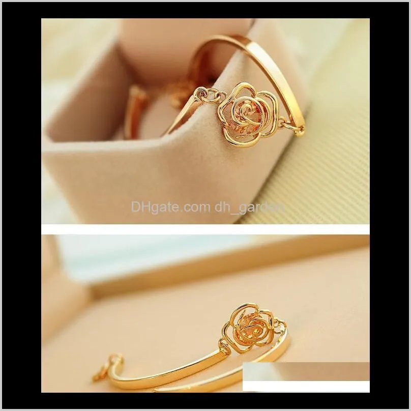 fashion hollow camellia flower rose bracelet crystal charm bracelet gold plated cuff bangles for woman wedding jewelry