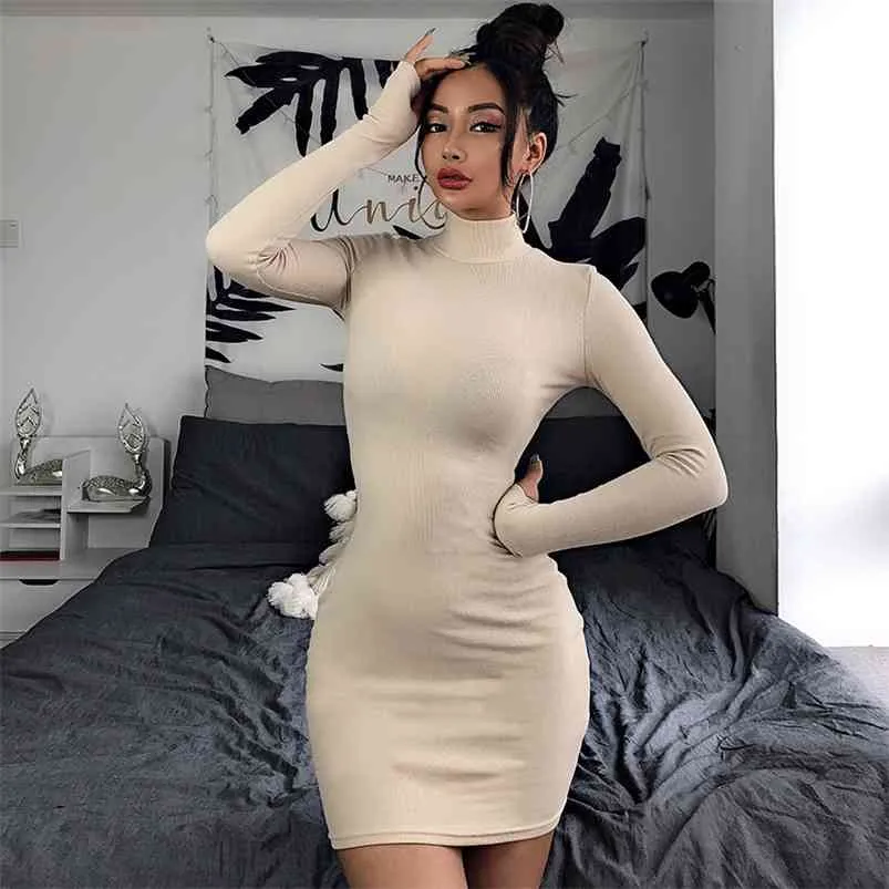 Turtleneck Dzianiny Neon Sweter Sukienka Kobiety Casual Ribbed Bodyon Eleganckie Panie Biurowe Długi Rękaw Vestidos 210427