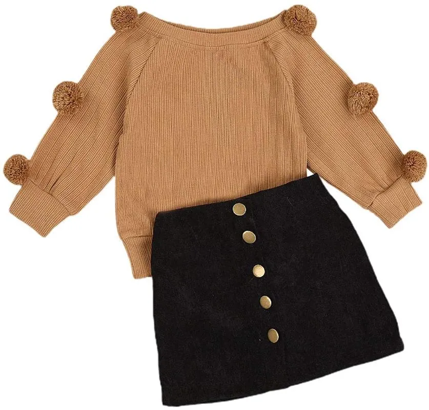 服セット子供幼児女の赤ちゃん秋冬服長袖ポンポンニットシャツセータートップボタンスカート 2 個服セット