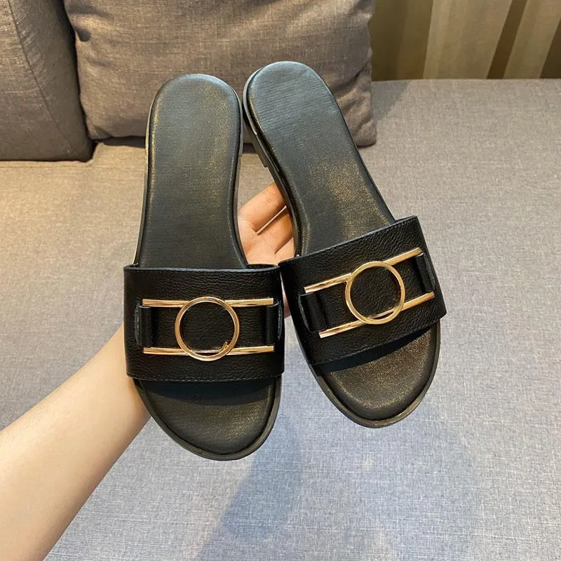 Women fashion summer lock shoes slipper Graffiti Sandals Women genuine cowhide leather Shoes with logo box Flat slippers Large size 35-42