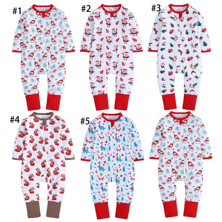 Herfst Winter Kerstmis Baby Rompertjes Schattig Pasgeboren Kinderen Meisje Casual Lange Mouw Santa Claus Bomen Sneeuwpop Printed Rits Jumpsuits Peuter Kleding M3816