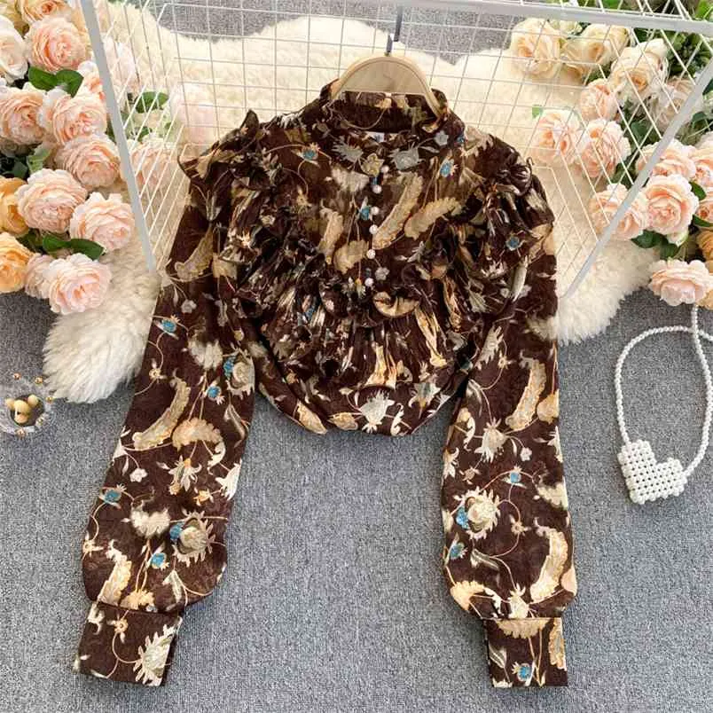 Spring Herfst Chiffon Shirt Geplooid Gepardeerd Afslanken Temperament Small Stand-Up Collar Puff Sleeve Retro Floral Blouse UK879 210506