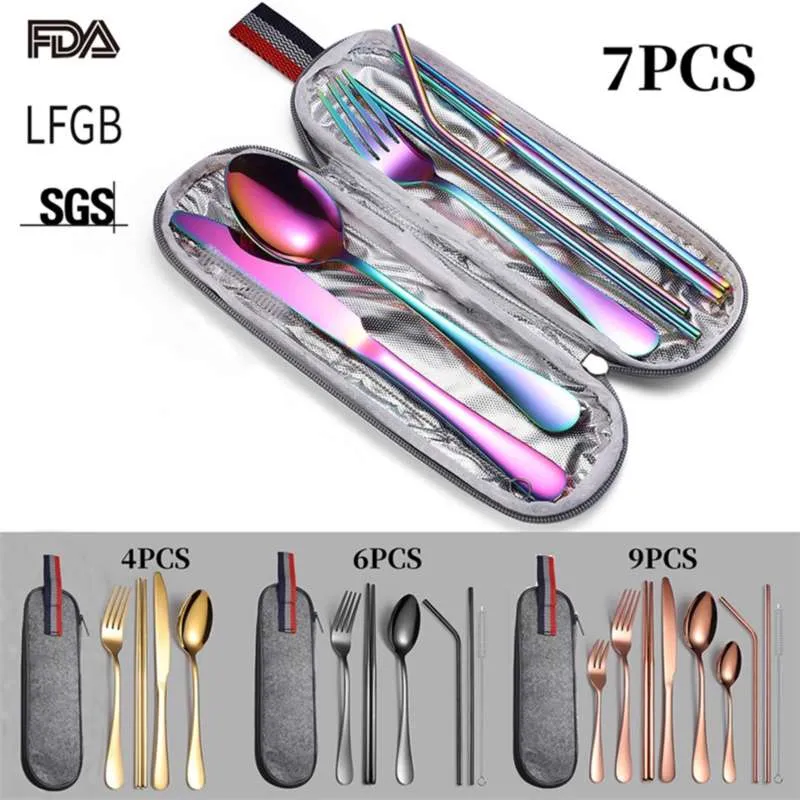 9 SZTUK / SET 304 Zestaw sztućców ze stali nierdzewnej Flatware z etui na nowo wielokrotnego użytku przenośne tableware 210928