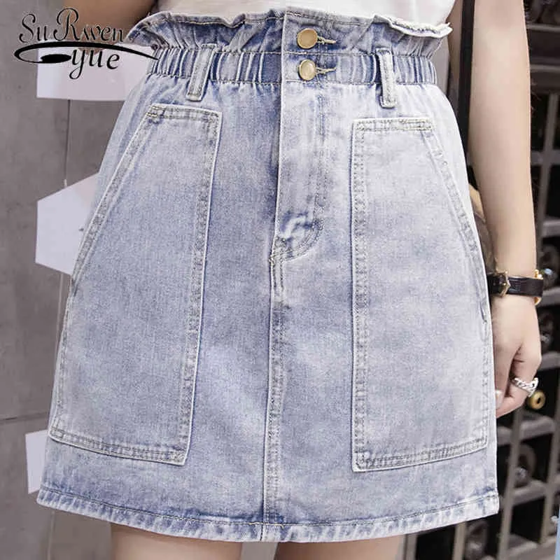 Elastik Bel Yaz Kadın Denim Etek Cepler Beyaz Yüksek Bel Kot Etekler A-Line Ruffles Kadın Mini Saia Mujer 4656 50 210417