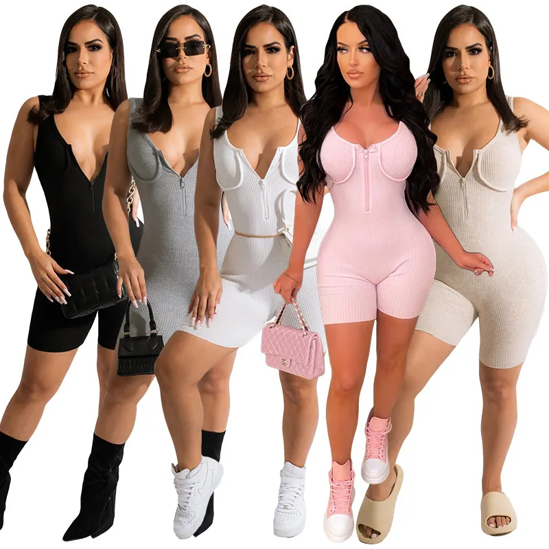 Wholesale Summer Rompers Women Solid knitted Jumpsuits Sexy Sleeveless Zipper Playsuits Casual Bodycon Overalls leggings Bulk Items 7030