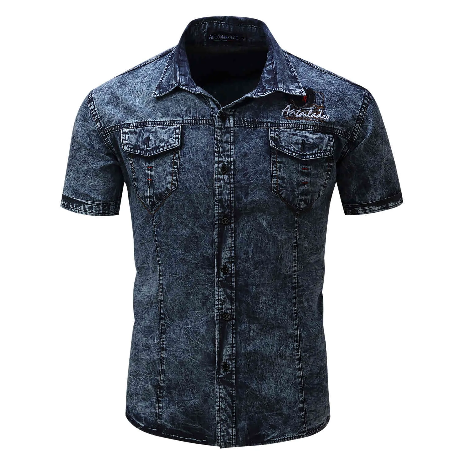 Мужская рубашка с коротким рукавом джинсовая рубашка мужская повседневная платье мужской джин тонкий подходит грузовые военные рубашки высокого качества 100% хлопок 210518