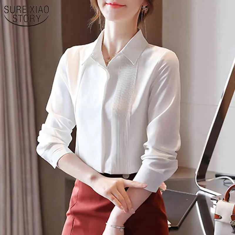 White Chiffon Women's Shirts Korean Long Sleeve Work Wear POLO Collar Elegant Simple Fashion Overalls for 10857 210508