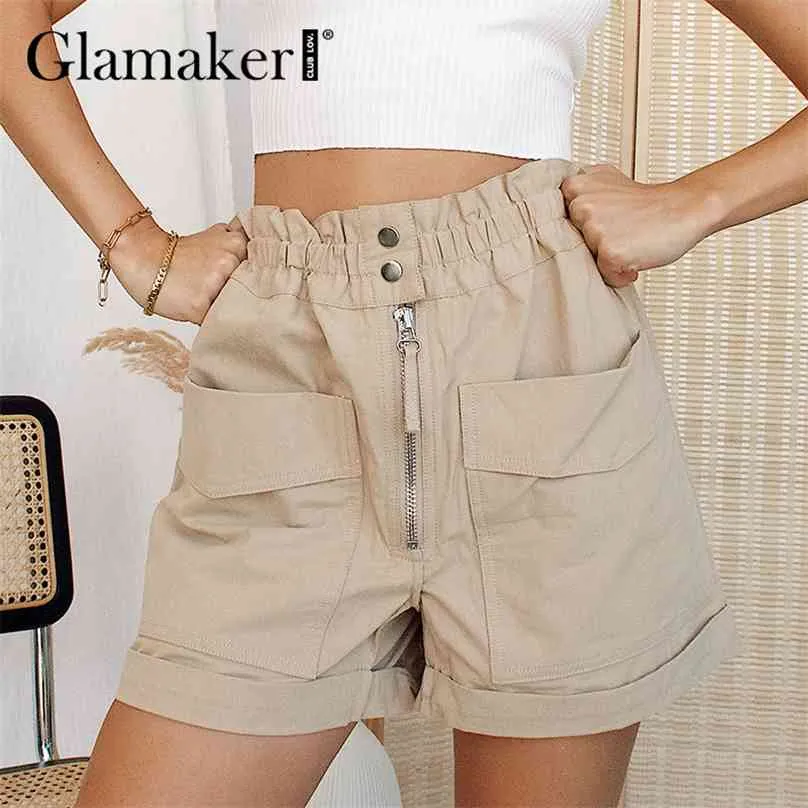 Glamaker kontor damer casual pocket shorts mode lösa a-line eleganta korta byxor sommar våren kvinnor 210719