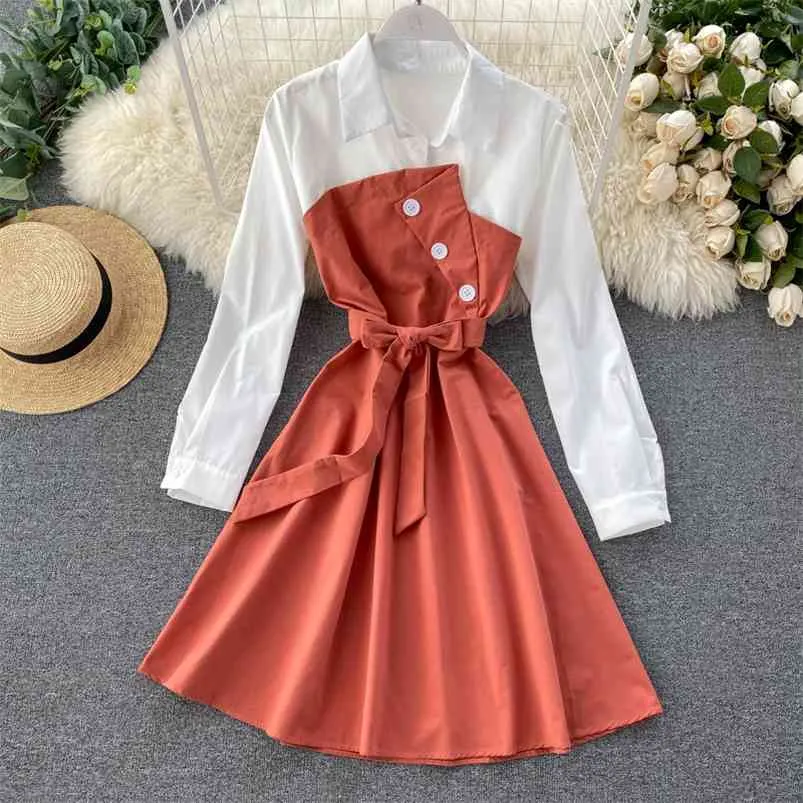 Women Casual Shirt Dress Spring Autumn Turn-down Collar Patchwork Button A-line Sweet Female Vestido 210430