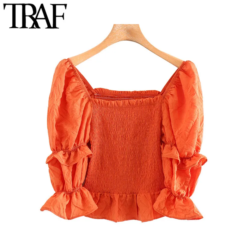 Traf Women Sweet Fashion Stretch Slim Ruffled Cothed Blouses Vintage Square Kołnierz Puff Rleeve Kobiety Chic Tops 210415