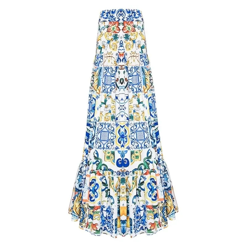 高品質のファッション夏ロングスカート女性のエレガントな青と白の磁器プリントボヘミアのカジュアルマキシ210708