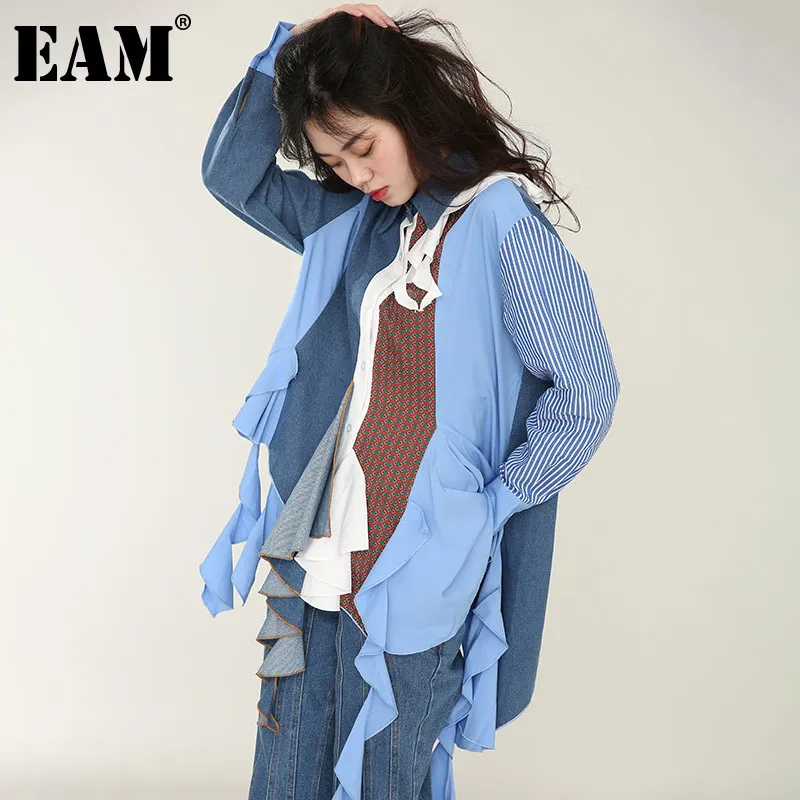 [EAM] Женщины кисточкой джинсовой асимметричной длинной блузки отворота с длинным рукавом свободная подходит рубашка мода весна осенью 1dd420805 21512