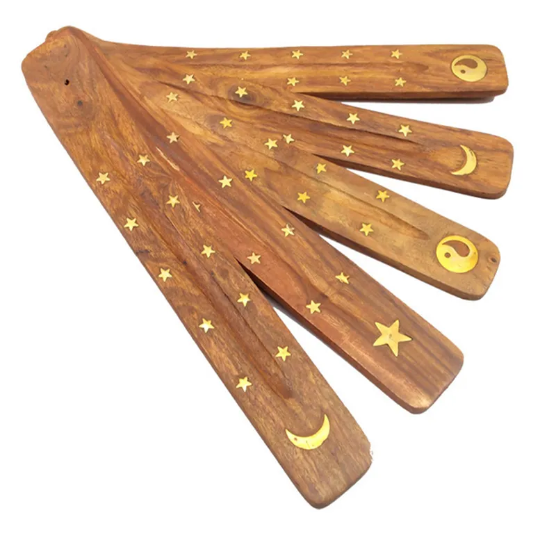 天然木製の香スティックホルダートレイフレグランスランプアッシュキャッチャークリエイティブ印刷スターとムーンバーナーホルダーセンサーツール