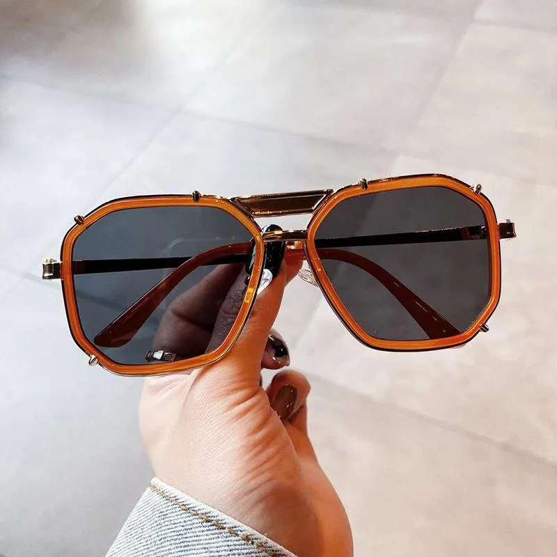 Sunglasses Fashion Polygon Square Women Retro Clear Anti-Blu-Ray Glasses Frame Men Double Bridges Sun Shades UV400