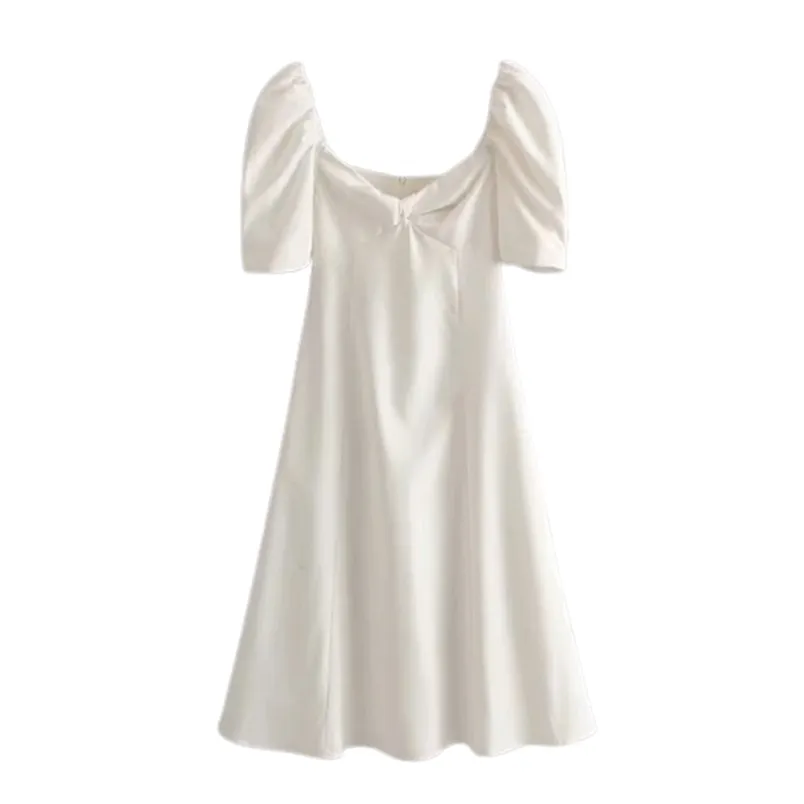 Kadın Yaz Beyaz Vintage Seksi Chic Uzun Elbise Büküm V Boyun Puf Kol A-Line Sundress 210531