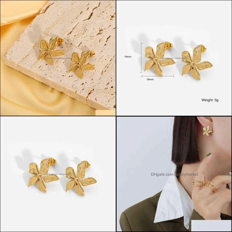 316l Stainless Steel Flower Stud Earrings Simple Gold Metal 18k Embossed Petal Post Girls Party Gift 2021 New