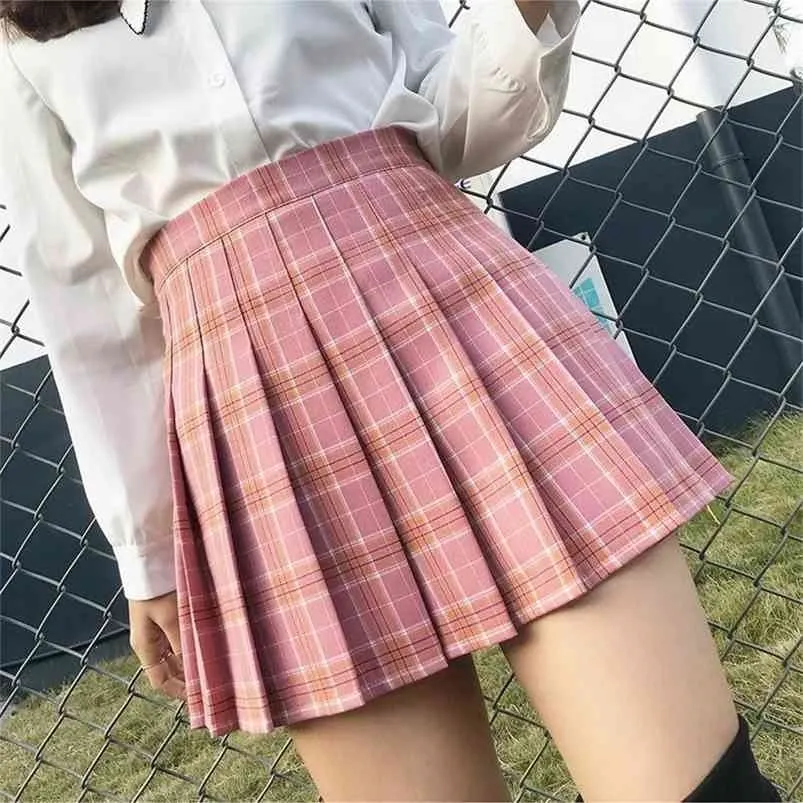 QRWR XS-3XL PLAID ZOMER Dames Rok Hoge Taille Stitching Student Geplooide Leuke Sweet Girls Dance Mini 210721