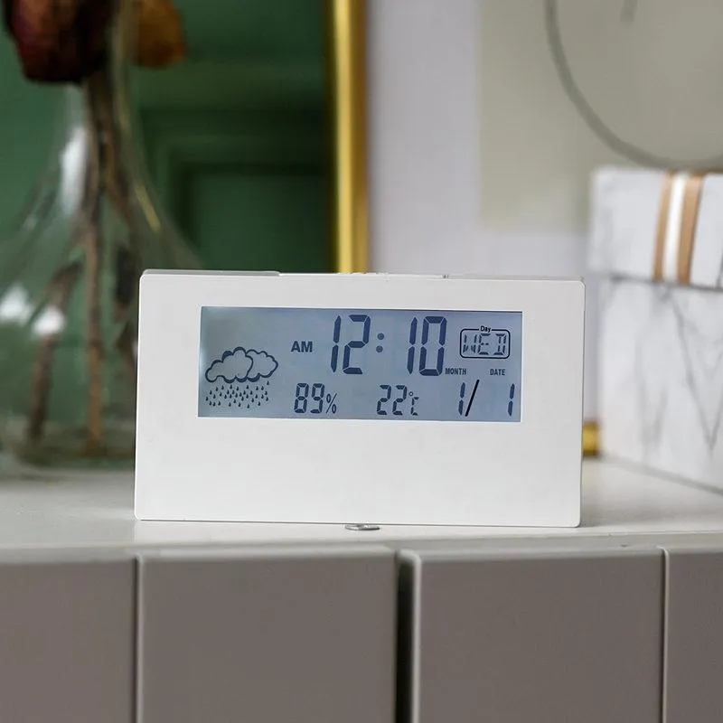 Outros relógios Acessórios LED Mute Smart Weather Electronic Clock Tabela Perpétua Calendário Desktop Transparente Aluno Alarme Moderno