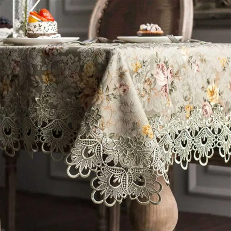 Designer Embroidered Lace Crochet Tablecloth Elegant European Rustic Floral Decoration Chair Cover Runner & Cloth 211103