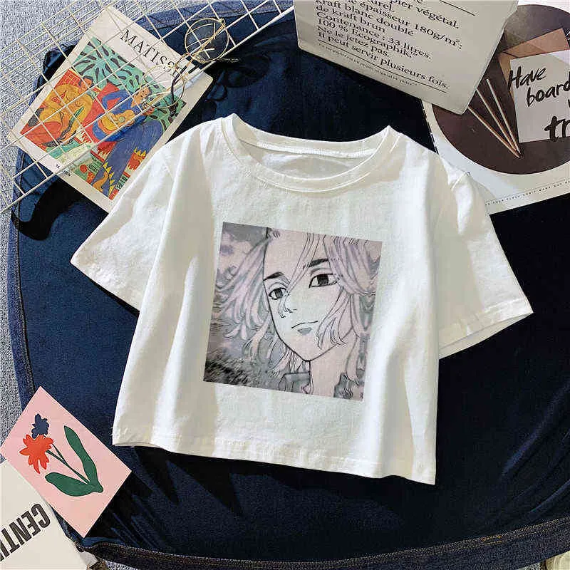 2021 Tokyo Revengers Anime Kvinnor T-shirt Kvinna Casual Toppar Tee Girl Camiseta Mujer Kläder Mode Crop Top Short Sleeve G220228