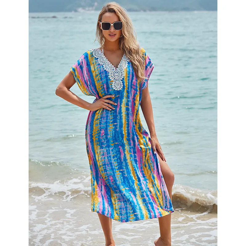 Cubrir túnicas para la playa Estampado de gasa Kaftan largo Bikini Robe de Plage Sarong BeachWrap Traje de baño encubrimiento