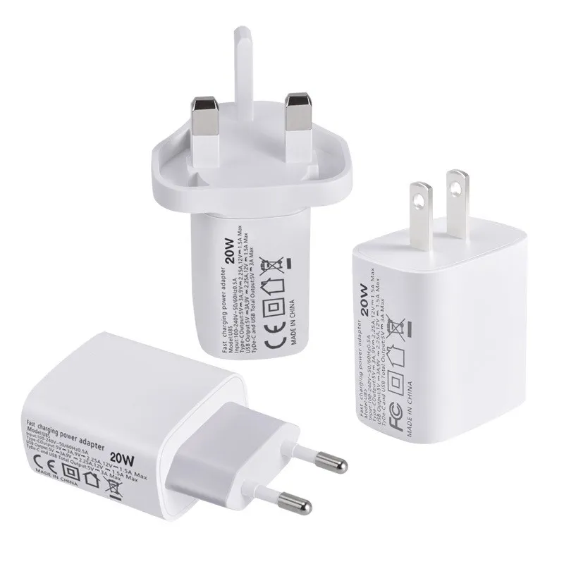 Tipo-C 20W PD e QC 3.0 Caricabatteria da muro USB a doppia porta con spina US EU UK per iPhone 12 11 pro max Ipad Xiaomin Huawei Mobile Phone