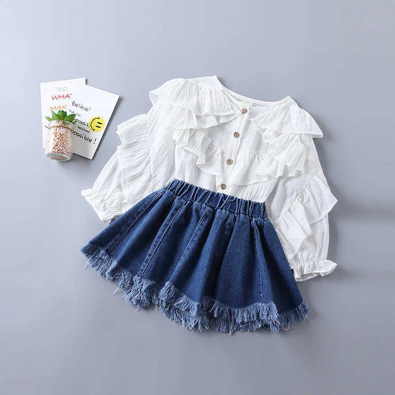 2-7 ans haute qualité fille vêtements ensemble printemps mode à plusieurs niveaux ruché solide chemise + denim jupe enfant enfants 210615