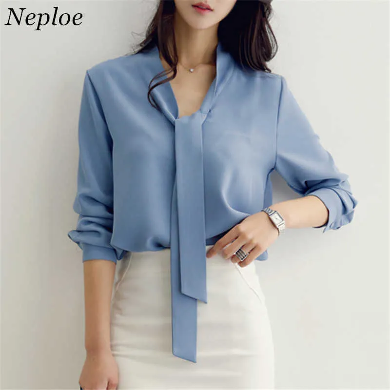 NEPLOE Nowe Kobiety Szyfonowa Koszula 2019 Wiosna V-Neck Bow Twórz Bluzka Kobieta Slim Prosty Elegancki Długi Rękaw Blusas 66378 SH190803