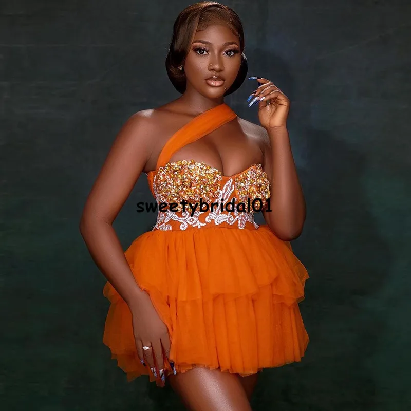 Orange Short Prom Dress 2022 One Axel African Vestidos de Cocktail Mini Clud Homecoming Dresses