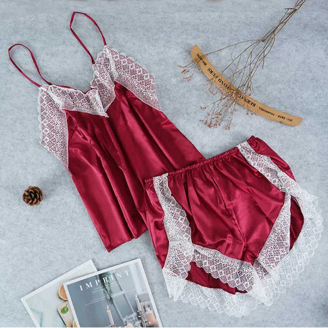 Lace Women Pajamas Set Solid Spaghetti Strap Top Ladies Sexy Homewear Suit with Shorts Ice Silk Summer Sleepwear for Female Q0706