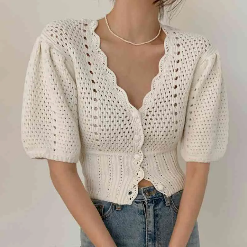 Delikatny White V Neck Sleeve Hook Kwiat Hollow Out Dzianiny Top Luźny Temperament Single Breasted Short Cardigan 210429