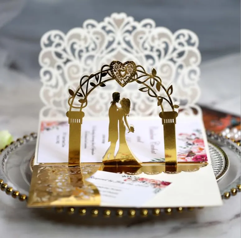 Tarjeta de invitación para novio y novia hueca cortada con láser blanco marfil amor corazón decoraciones para fiesta de boda tarjetas de invitación