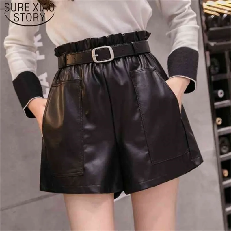 PU Leather Wide-legged Shorts Autumn Winter Fashion High Waist Black Elegant Girls A-line Faux Bottoms 6312 50 210506