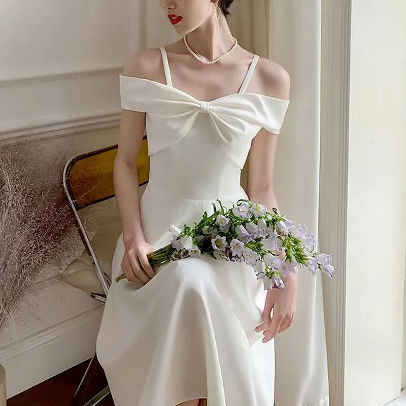 Yaz Ilmek Beyaz Uzun Dres Zarif Chic Düğün Kolsuz Kadın Sklinky Slim Tatil Balo Korece 210604