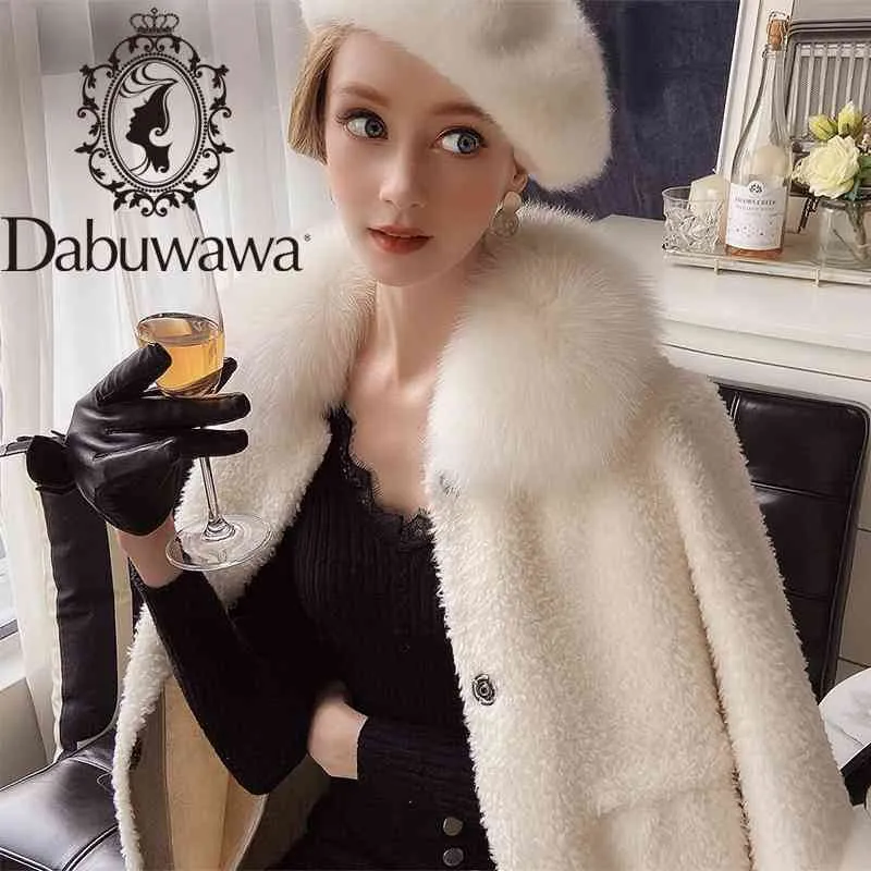 Dabuwawa повседневные женщины зима сплошные длинные овечьи шерстяные пальто отвороты меховой пальто леди зима одиночная грудья женская DT1DFR022 210520