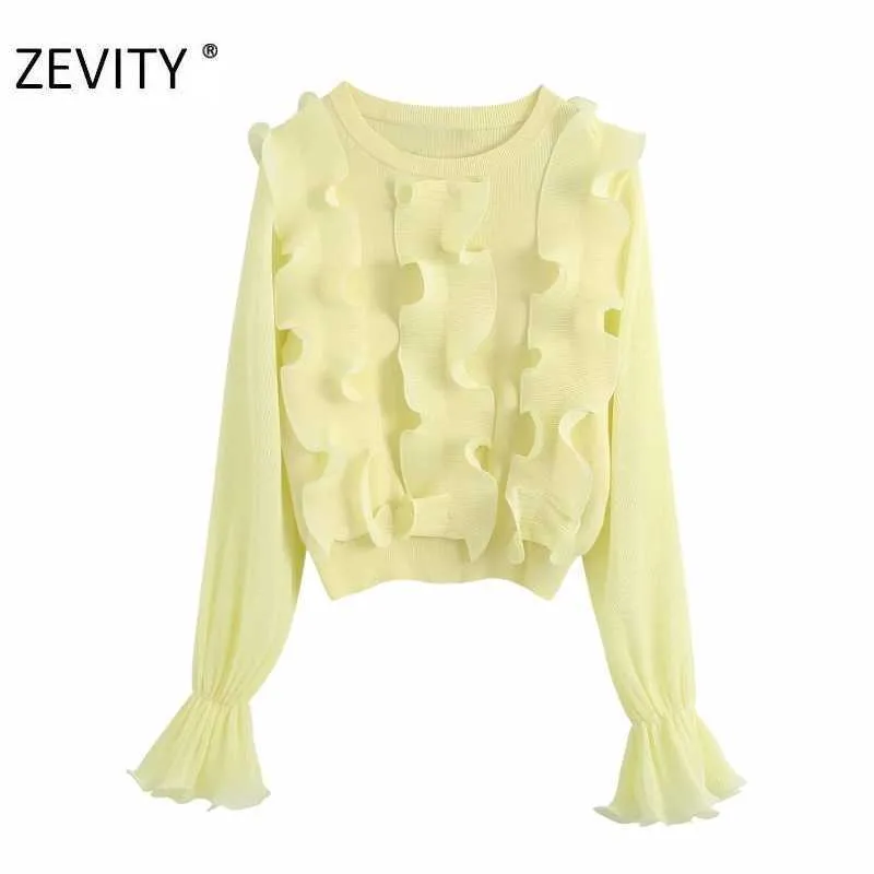 Zevity Kobiety Moda O Neck Ruffles Aplikacje Knitting Casual Slim Sweter Kobiet Butterfly Rękaw Swetry Chic Marka Topy S363 210603