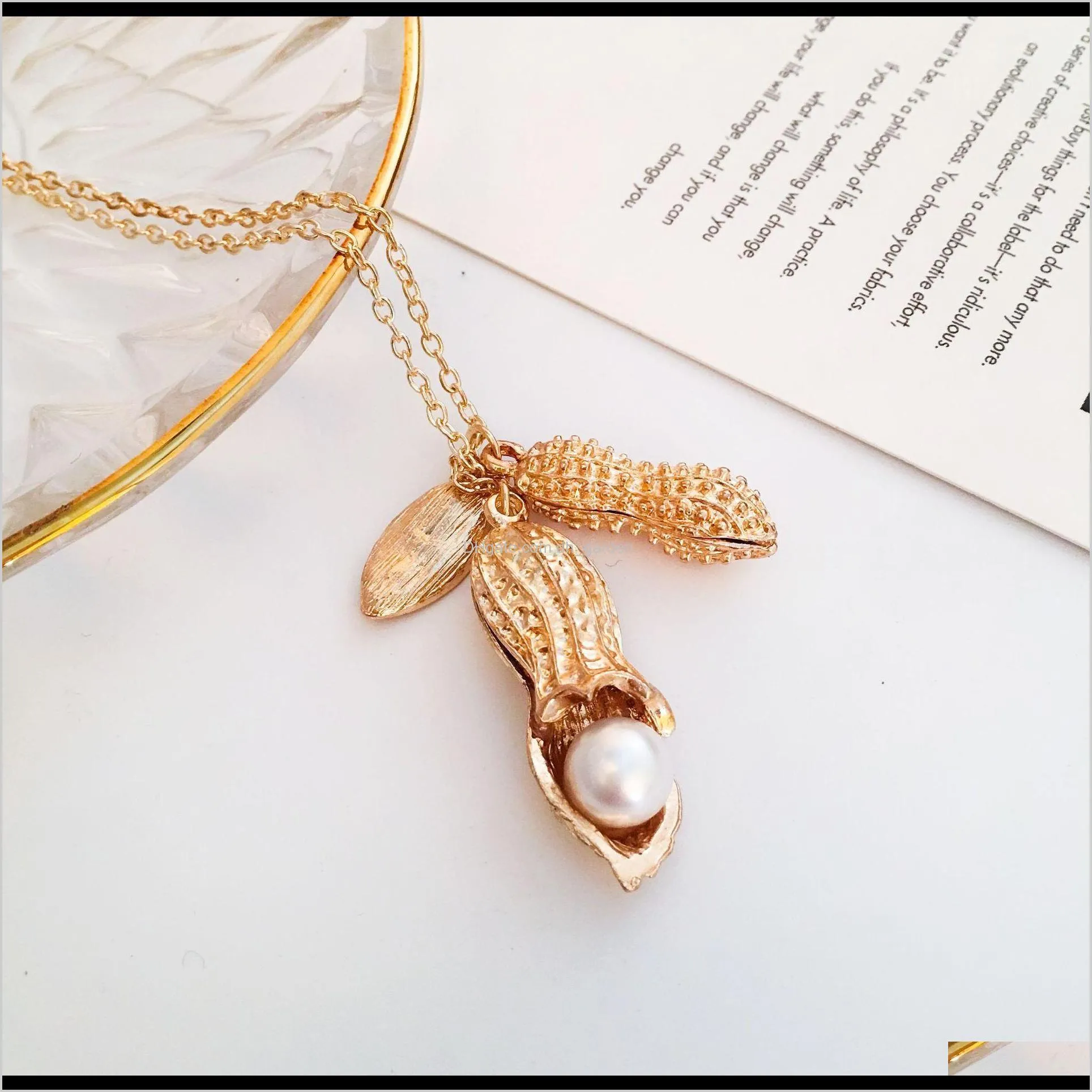gold plated peanut pea pods pendant necklaces statement long chain pearl necklace for women fashion jewelry