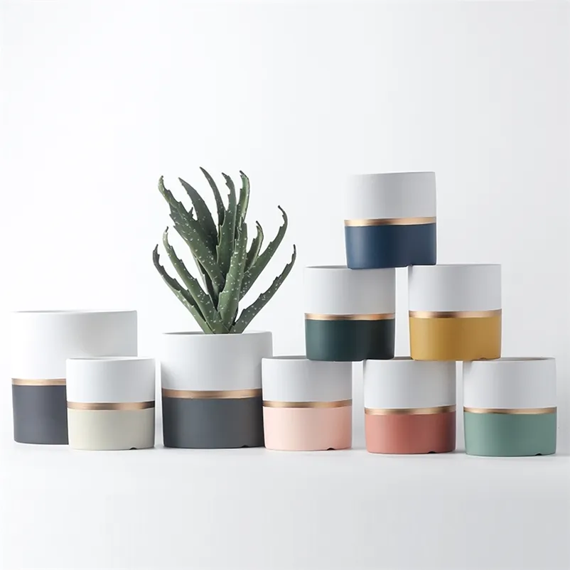 Llight Luxury Ceramic Flowerpot Golden Circle Paint Fioriera succulenta Piante verdi Orchidea Forma rotonda Vaso da fiori con vassoio forato 210922