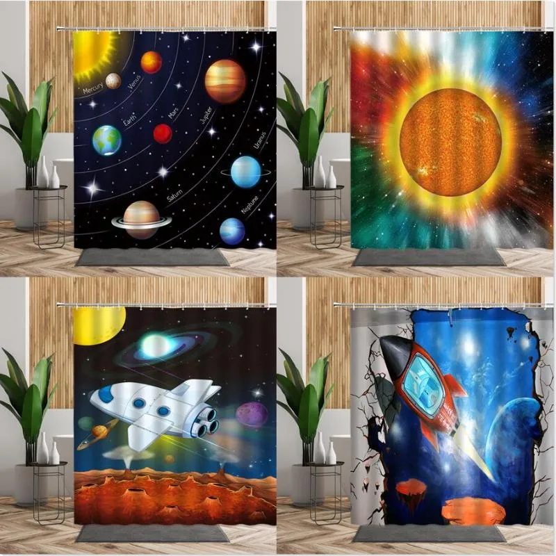Duschgardiner kreativa solsystem badrumsgardin tecknad måne planet raketmönster bad dekorer barn 3d vägg tyg set